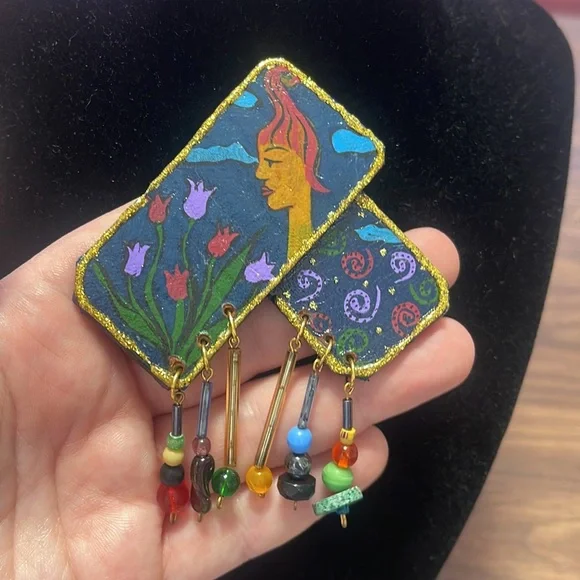 Vintage Hand Painted Genuine Leather Artisan Brooch & Earring Set